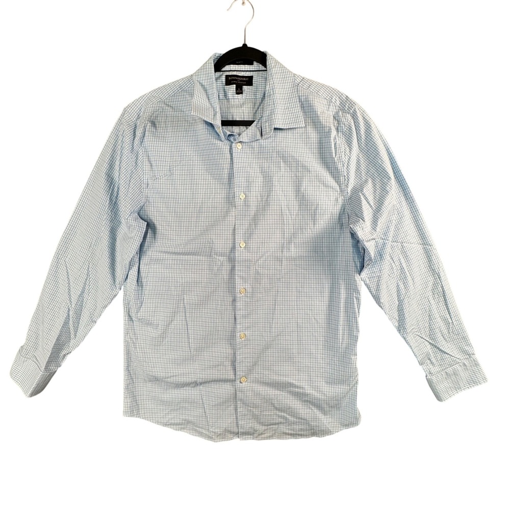 Banana Republic Men's L Slim Fit Gingham Dress Shirt Blue Wrinkle Resistant‎
